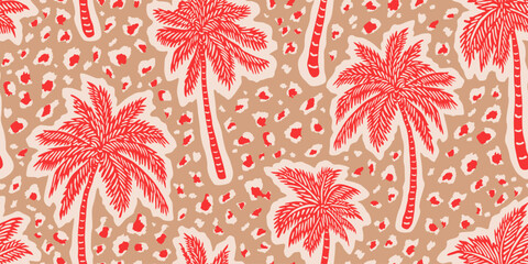 Tropical palm trees pattern with leopard background. Hawaii summer fashion for fabric, textiles, clothing, poster, cover, packaging, decoration, banner, wallpaper, interior decor. Vector illustration.