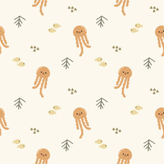 Squid yellow cartoon so cute. On fish background. Pattern seamless vector illustration. 
