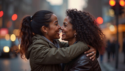 Naklejka premium Two Women Sharing an Intimate Moment on a City Street at Night with Blurred Lights