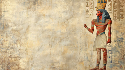 Ancient Egypt concept background with empty copy space. Egyptian pharaon horizontal banner. Ancient Egyptian God creative poster. Digital painting in photo style. AI artwork.
