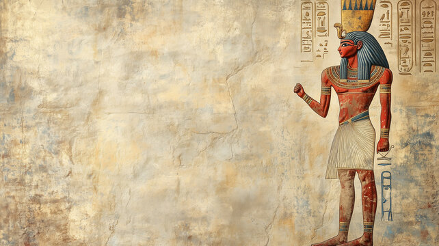 Ancient Egypt concept background with empty copy space. Egyptian pharaon horizontal banner. Ancient Egyptian God creative poster. Digital painting in photo style. AI artwork.