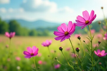 pink cosmos flowers swaying in the breeze amidst a lush green landscape, flowers, foliage, cosmos