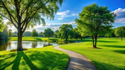 Obraz premium Lush green grass in a serene public park on a sunny day with a few trees and a winding path leading to a scenic lake, winding path, trees