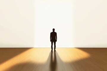 Silhouette of a Person Standing Alone in a Minimalist Space with Bright Light Streaming Through an Open Door, Symbolizing Opportunity and Hope