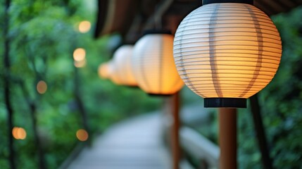 Fototapeta premium Illuminated Path: A string of delicate paper lanterns casts a warm glow along a pathway, creating a serene and inviting atmosphere in a lush garden setting. 