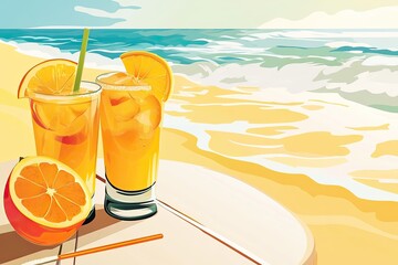 Obraz premium Refreshing orange drinks sit on beachside table, waves gently ro