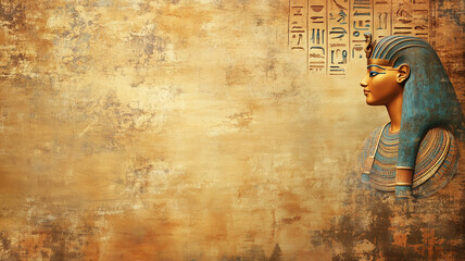 Ancient Egypt concept background with empty copy space. Egyptian pharaon Queen horizontal banner. Ancient Egyptian Goddess creative poster. Digital painting in photo style. AI artwork.