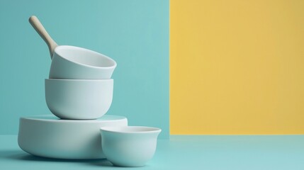 Minimalist white ceramic dishes on a split pastel background