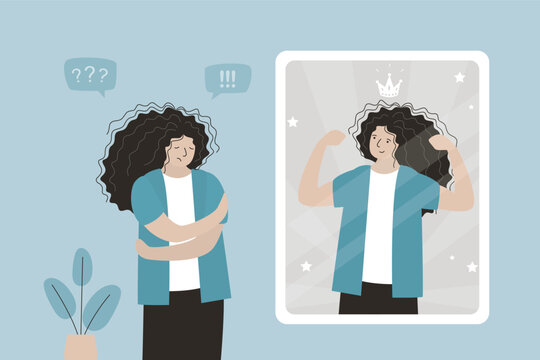 Cute girl looking mirror and see successful business woman with self confidence, pointing herself with fingers proud and happy, high self esteem concept.