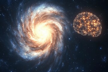 Obraz premium Surreal representation of a spiral galaxy intertwined with a digital brain symbolizing the connection between space and human cognition in a cosmic landscape