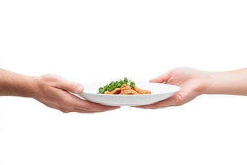Two hands exchanging a plate of food with greens, set against a clean, white background