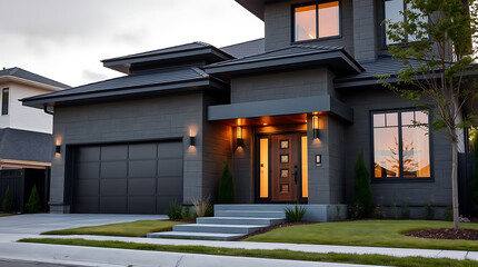 Obraz premium Modern Gray House Exterior: Luxury Home Design and Architecture. Stunning Contemporary Home Facade at Dusk