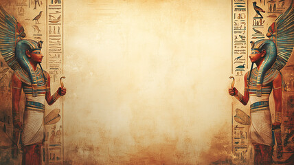 Ancient Egypt concept background with empty copy space. Egyptian queen horizontal banner. Ancient Egyptian Goddess creative poster. Digital painting in photo style. AI artwork.