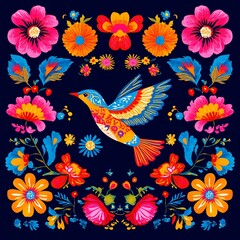 Obraz premium A colorful folk art pattern featuring stylized birds and vibrant flowers on a dark background.