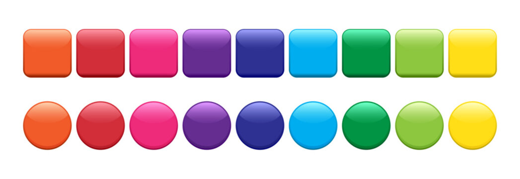 Round button circle and square shape, glossy colorful badge, shiny rainbow 3d push pin isolated on white background. Color gradient sticker set. Rainbow vector illustration