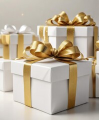 Close-up of white and gold gift boxes with glittery ribbon, luxury, bow, giving, elegant