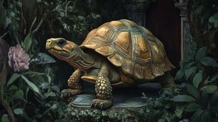 Obraz premium Majestic tortoise in lush garden surrounded by vibrant vegetation and flowers
