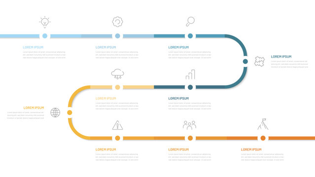 A ten-step timeline for evaluating the implementation of a project or business plan. Infographics for presentation, report in the form of a sequential route