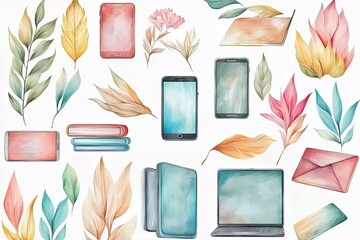 Colorful watercolor illustration featuring various devices and leaves, ideal for design projects