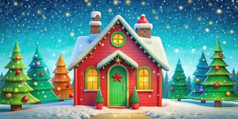 Fototapeta premium A colorful cartoon Christmas house with a bright red door and green roof, surrounded by snowflakes and pine trees, festive, colorful christmas house