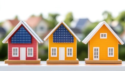 Colorful miniature houses with solar panels on rooftops against a blurred neighborhood backdrop