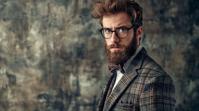Portrait of a stylish man in a tweed jacket against a textured backdrop