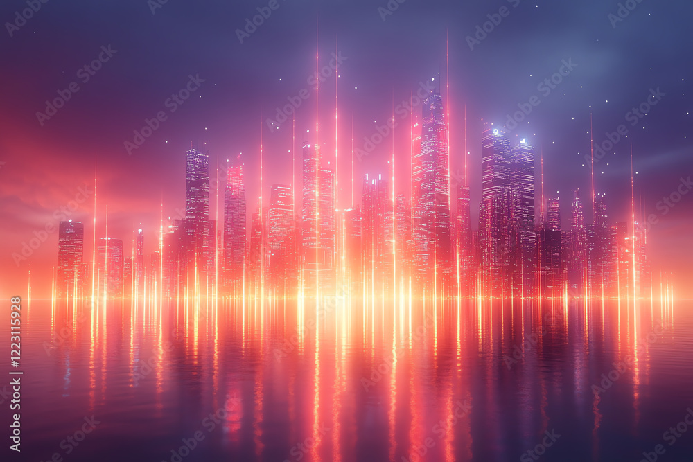 Poster a futuristic cityscape illuminated by vibrant neon lights reflecting in water, creating a dreamlike 