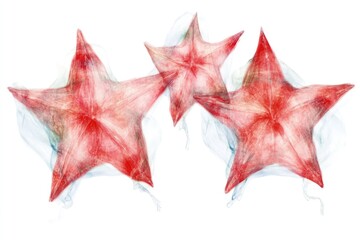 Fototapeta premium Three vibrant red starfish floating gracefully against a soft white background, highlighting marine beauty