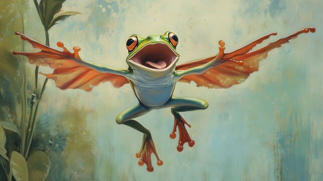 Joyful flying frog with extended orange webbed limbs in mid-air leap