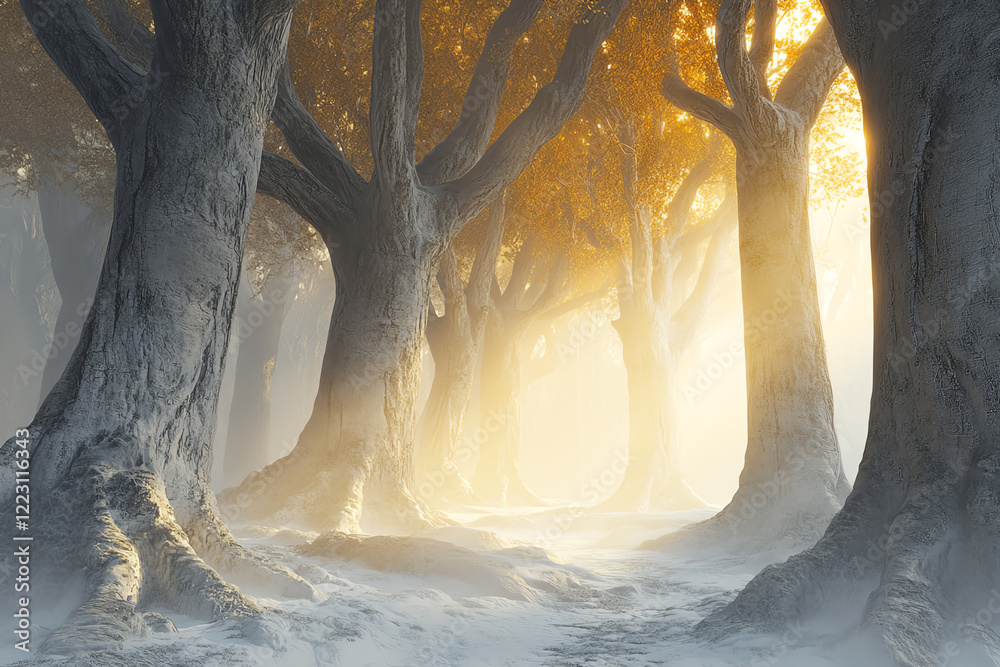 Poster a serene forest at sunrise, illuminated by soft light filtering through autumn leaves. the path invi