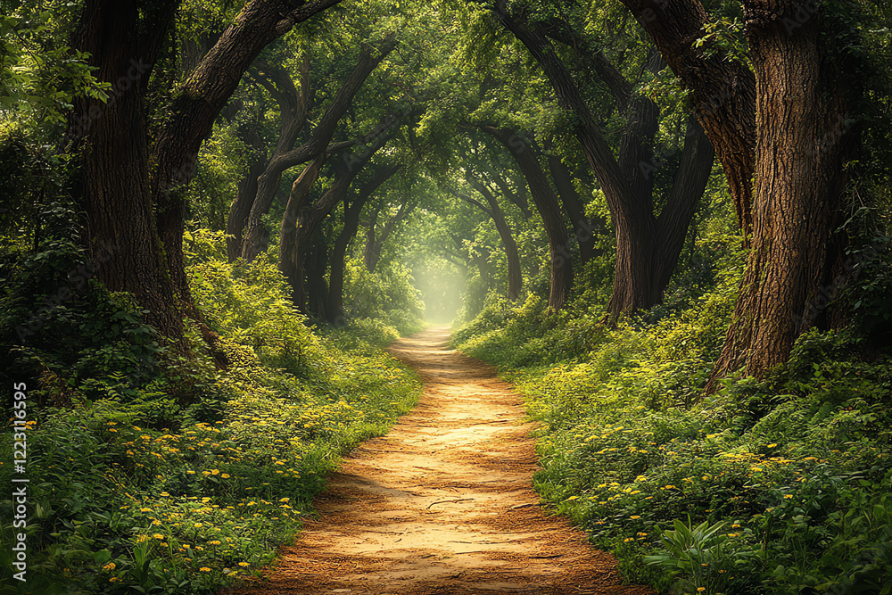 Poster A serene forest path surrounded by lush greenery and towering trees, creating a peaceful atmosphere perfect for nature lovers and tranquility seekers.