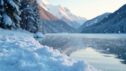 Obraz premium powdery flakes gently falling on a frozen lake, peacefulness, snowfall