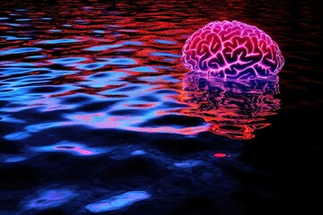 Surreal Artistic Representation of a Glowing Brain Floating on Water Surrounded by Abstract Color Reflections in Shades of Blue and Red