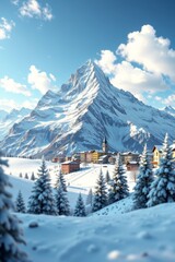 snowy mountain with a village in the foreground and a church in the distance