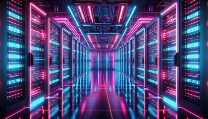 A futuristic data centre with neon server racks glowing in vibrant pink and blue lights, showcasing advanced technology and digital infrastructure.
