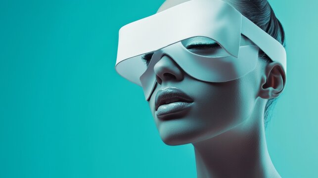 Futuristic woman wearing virtual reality glasses on a teal backdrop