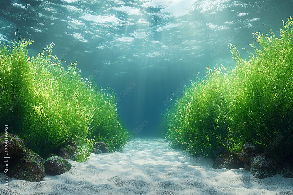 Poster a serene underwater scene featuring lush green seaweed swaying gently with the current, illuminated 