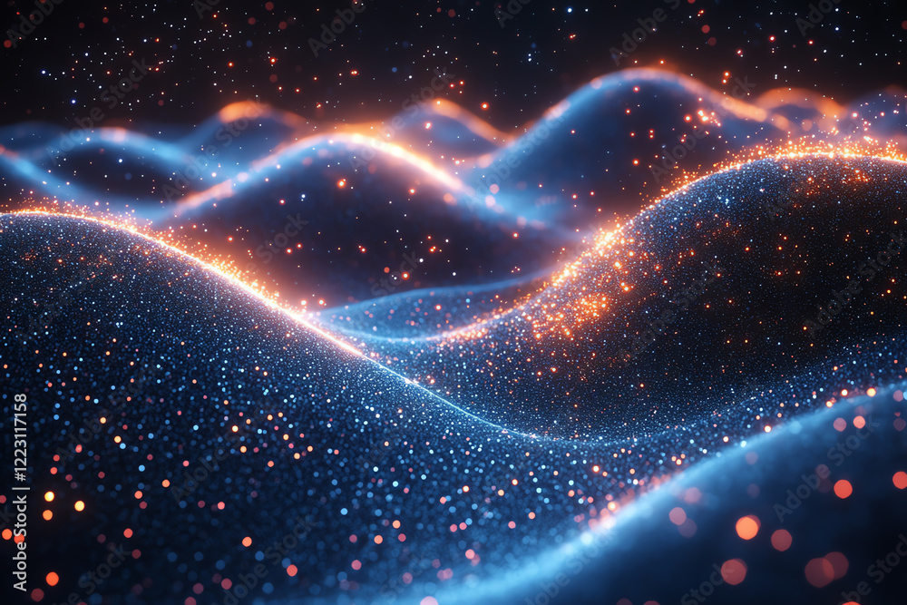 Poster a stunning abstract representation of glowing waves, showcasing shimmering particles in vivid colors