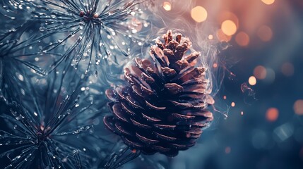Pinecone with frost against a blue wintery background