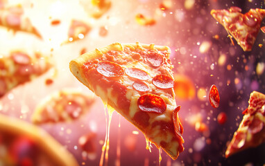 Floating Pepperoni Pizza Slice with Toppings
