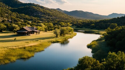 Obraz premium A house is on the side of a river