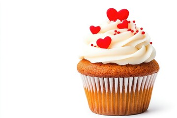 Delicious cupcake topped with creamy frosting and heart-shaped sprinkles, isolated on white background