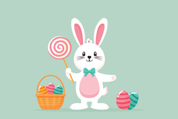 Easter Bunny with Lollipop and Basket of Easter Eggs Flat Vector Illustration