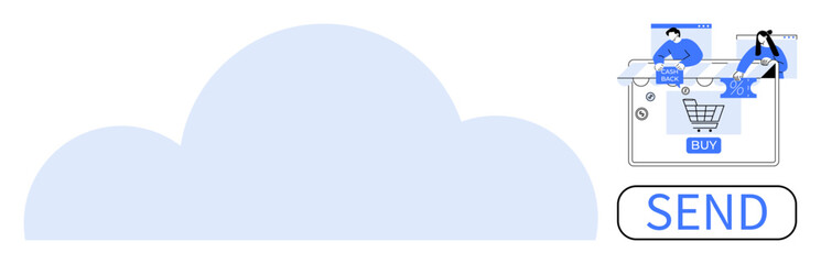 Cloud shape with a shopping basket, users on a laptop, and a large send button. Ideal for cloud storage, online shopping, e-commerce, digital transactions, email services, data transfer IT
