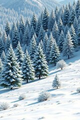 Naklejka premium snowy trees in a field with a mountain in the background