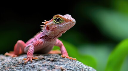 Pink lizard on rock, lush green background, reptile portrait, nature