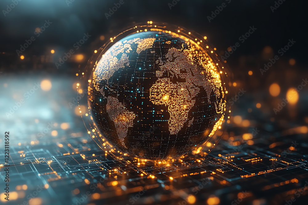Poster An abstract digital globe illuminated with golden lights, representing the interconnectedness of technology and the world in a futuristic style.