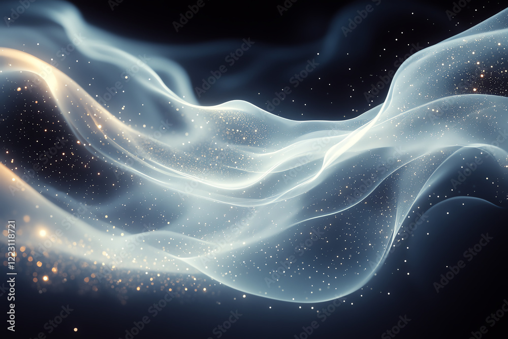 Fototapete An ethereal wave of translucent light swirls gracefully against a dark backdrop, creating a mystical atmosphere filled with shimmering particles.