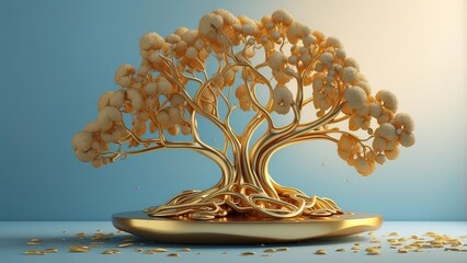 A stylized 3D rendering of a tree with intricate golden leaves and a smooth,