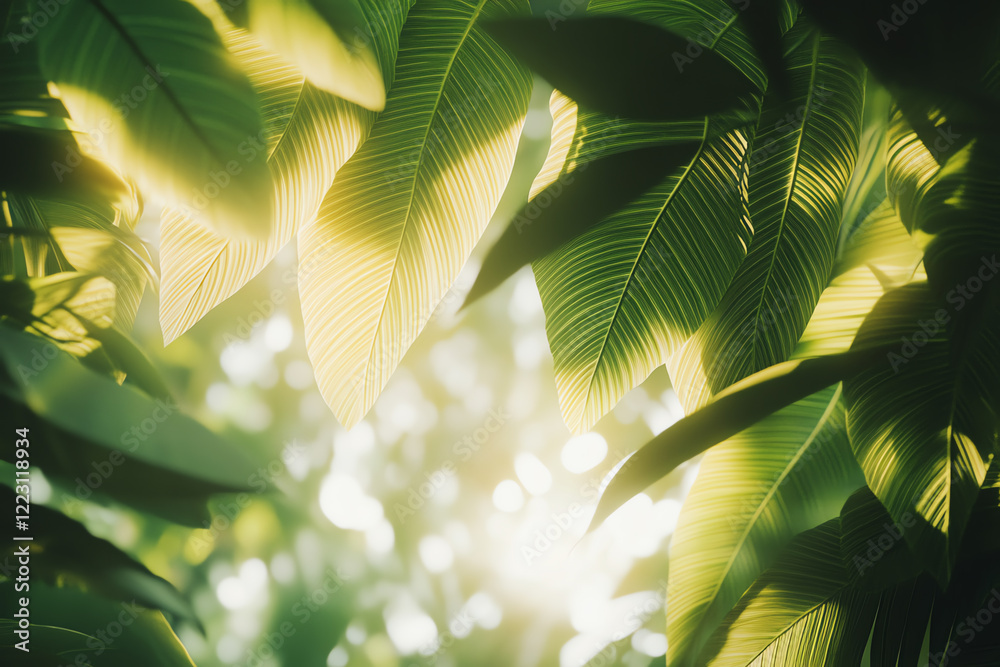 Poster lush green leaves filtering soft sunlight, creating a serene atmosphere. ideal for nature lovers and